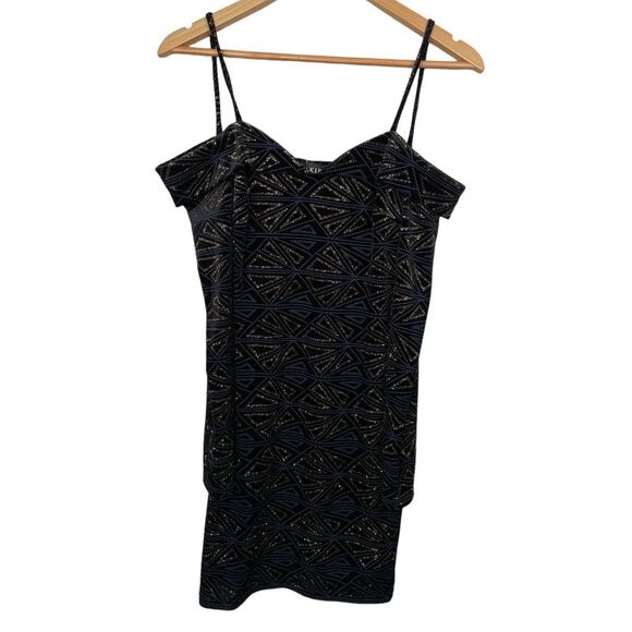 AKIRA Dresses & Skirts - AKIRA Off Shoulder Mini Dress - Black/Gold/Blue